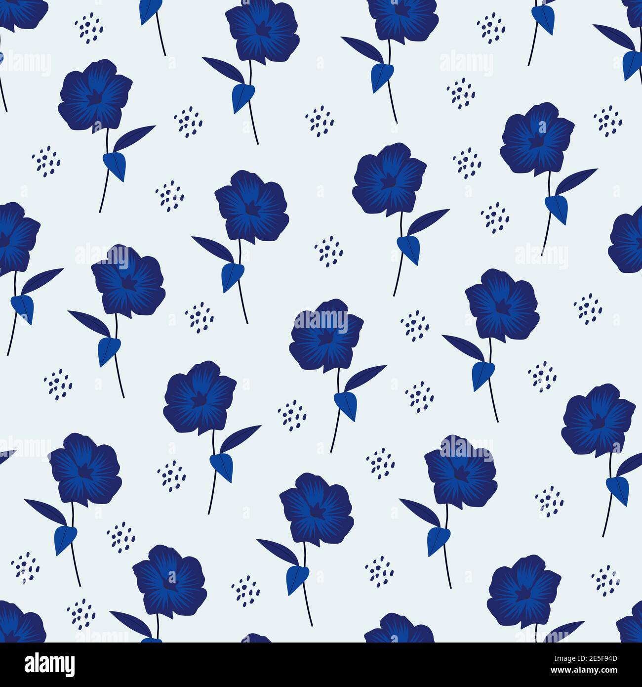 Modern fashionable vector seamless floral ditsy pattern design of blue flowers. Elegant repeating blooming flowers texture background for textile Stock Vector