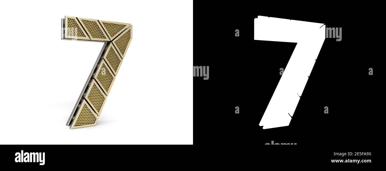 Gold number seven (number 7) cut into perforated gold segments with alpha channel and shadow on white background. 3D illustration Stock Photo