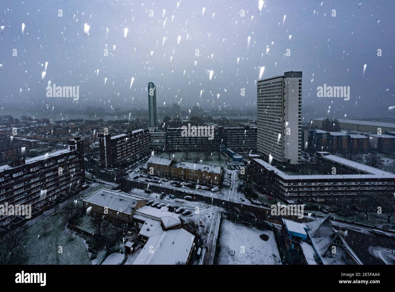 Storm Darcy continues to bring freezing temperatures and snow to London and parts of the UK as the cold snap continues. Cold air emanating from Russia and Eastern Europe will move across the UK over the coming days with mercury levels expected to hover around minus 5C. Stock Photo