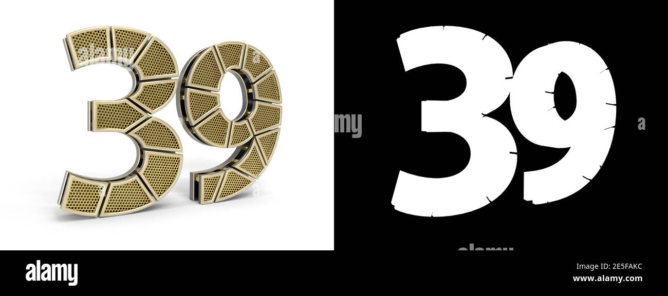 Gold number thirty-nine (number 39) cut into perforated gold segments with alpha channel and shadow on white background. 3D illustration Stock Photo