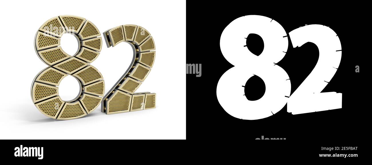 Gold number eighty-two (number 82) cut into perforated gold segments with alpha channel and shadow on white background. 3D illustration Stock Photo