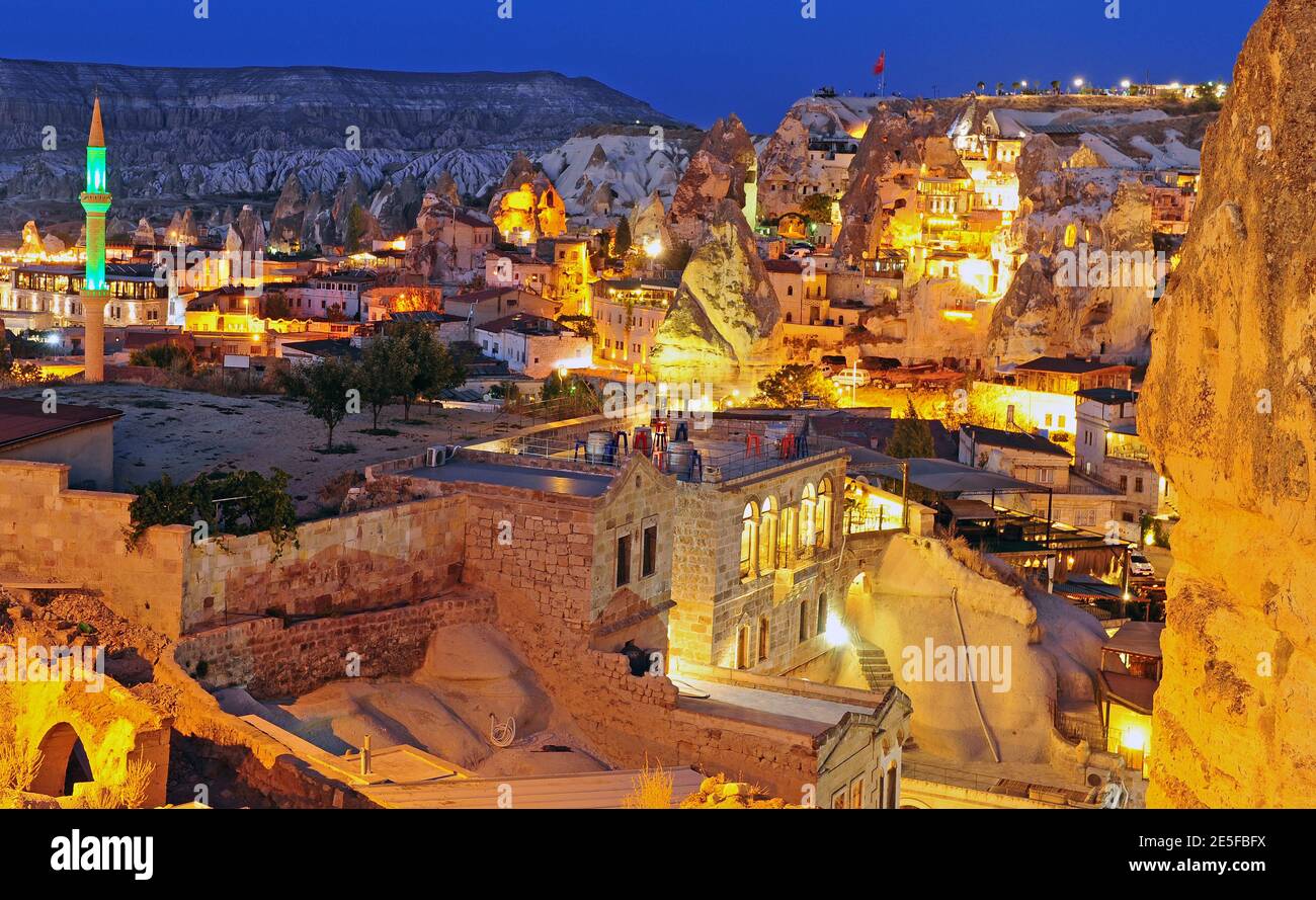 Goreme historical town at night, Cappadocia, Turkey Stock Photo