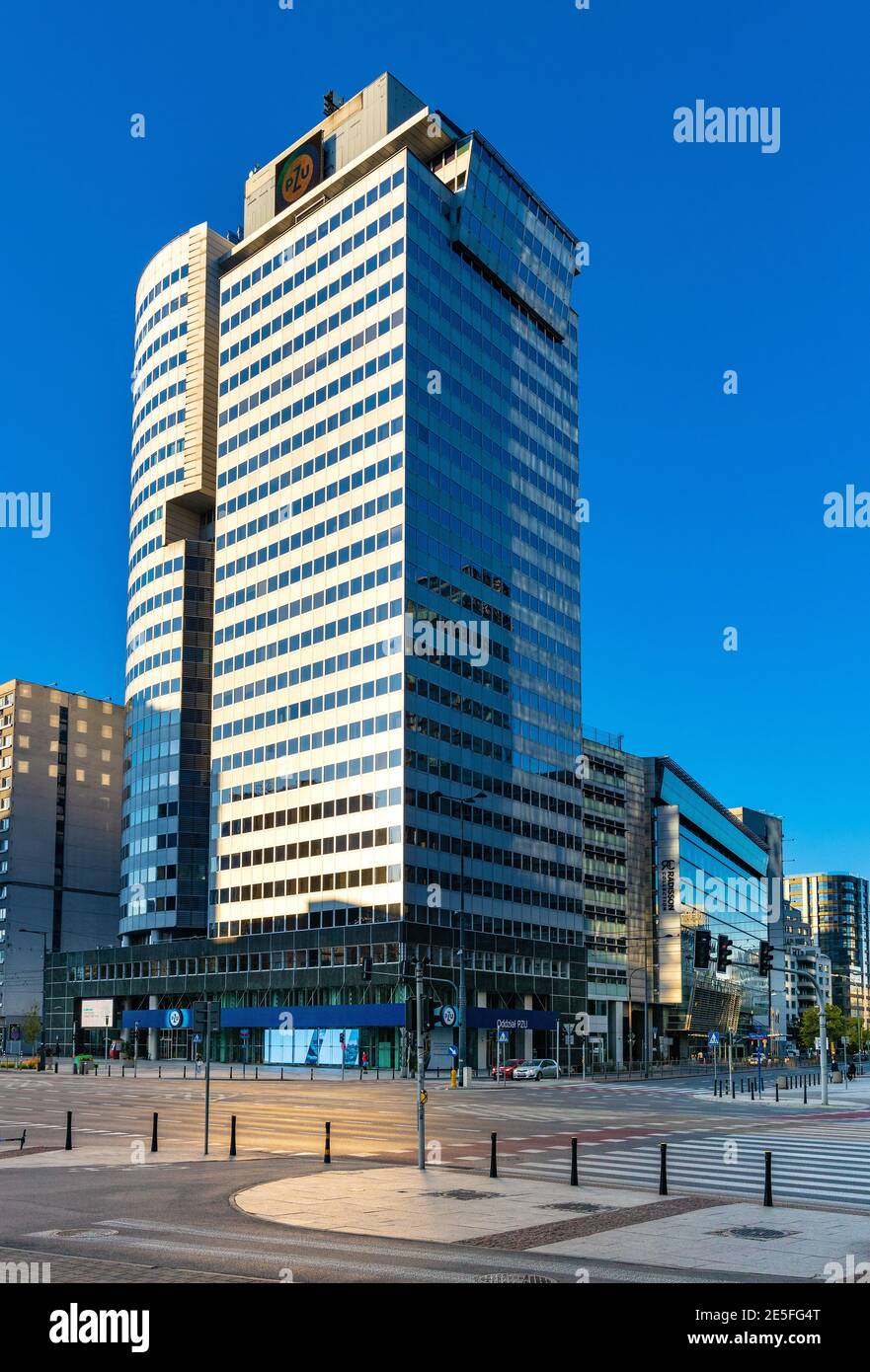 Warsaw, Poland - May 22, 2020: PZU Tower office skyscraper at Jana Pawla II and Grzybowska junction in Srodmiescie business district of Warsaw Stock Photo