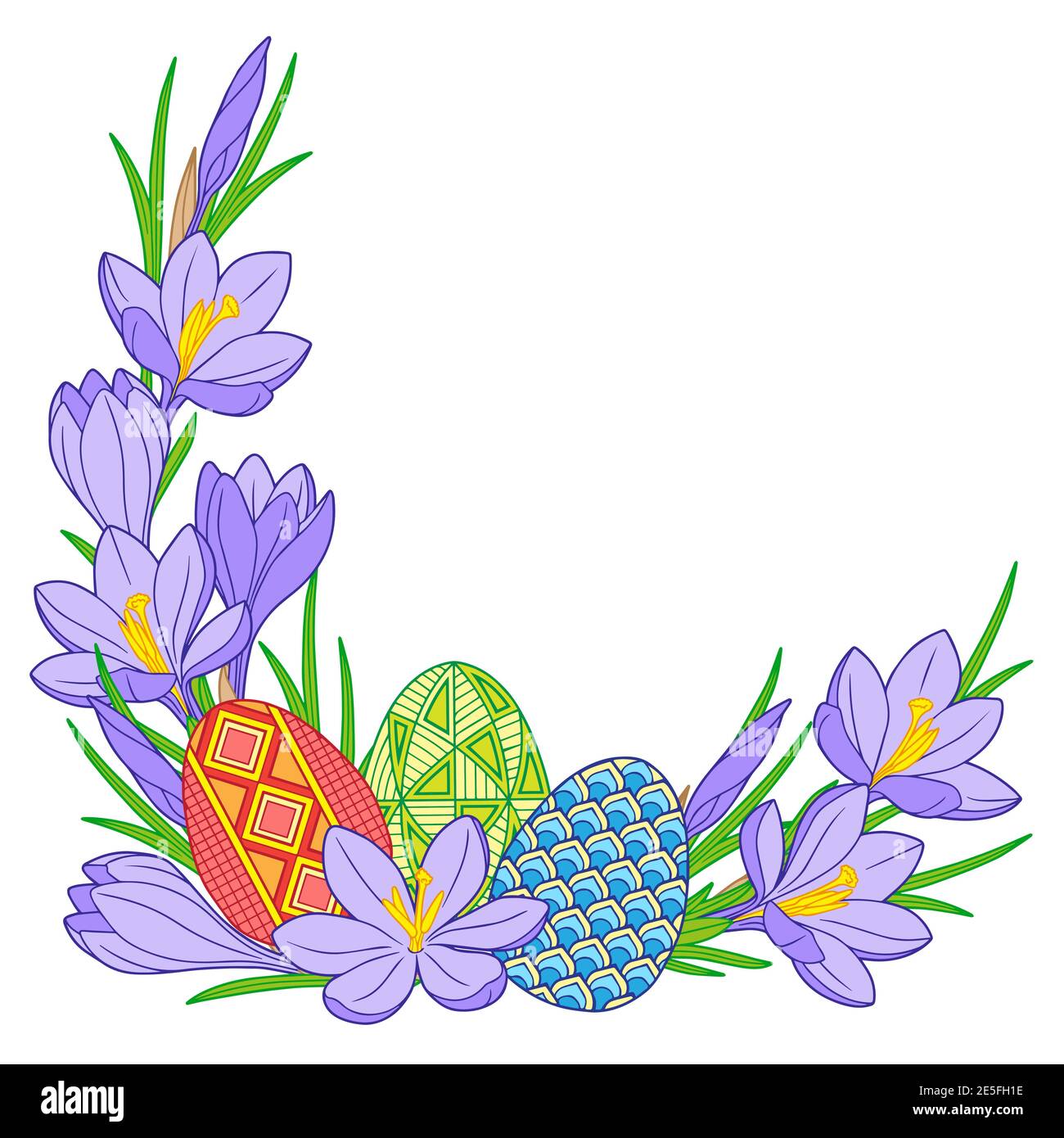 Happy Easter. Frame of Bright Easter eggs and crocus flowers Stock Vector