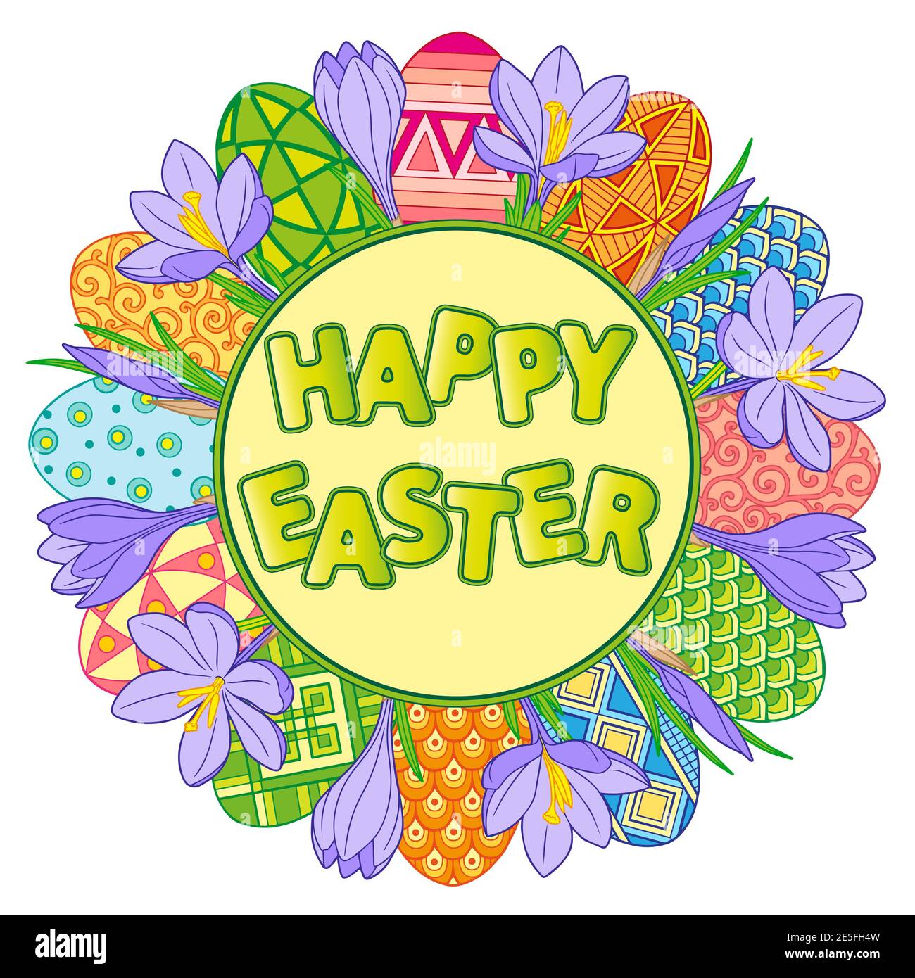 Happy Easter. Round frame made of bright easter eggs and crocus flowers Stock Vector