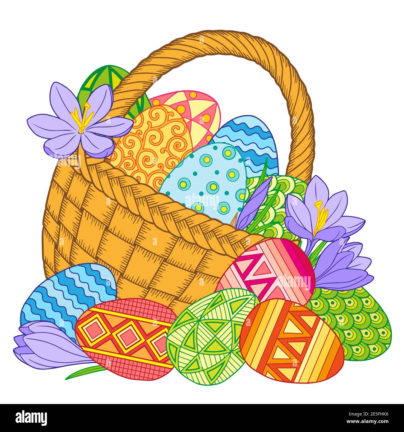 Happy Easter. Bright easter eggs and flowers in basket on white background Stock Vector