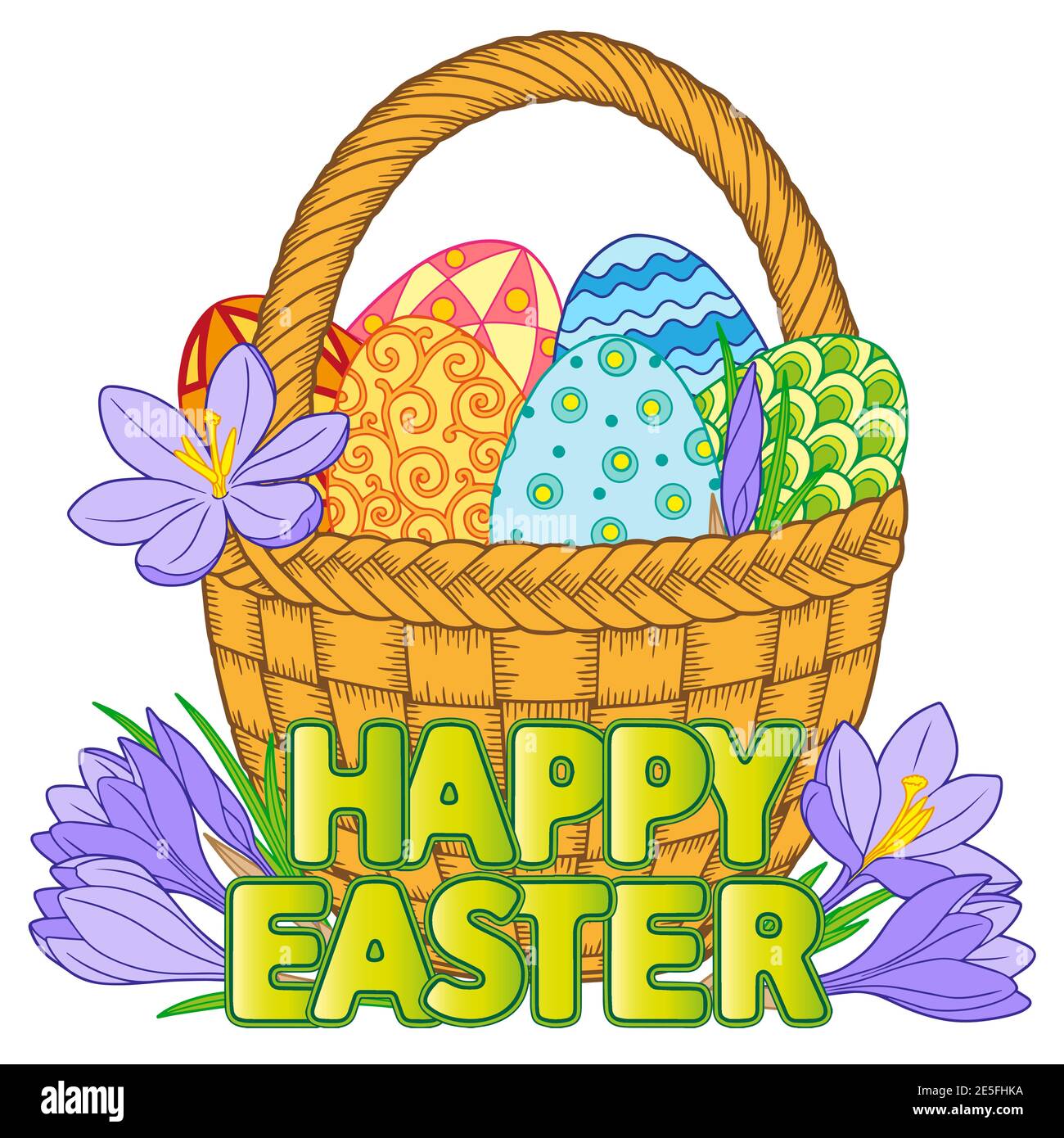 Happy Easter. Bright easter eggs and flowers in basket on white background Stock Vector