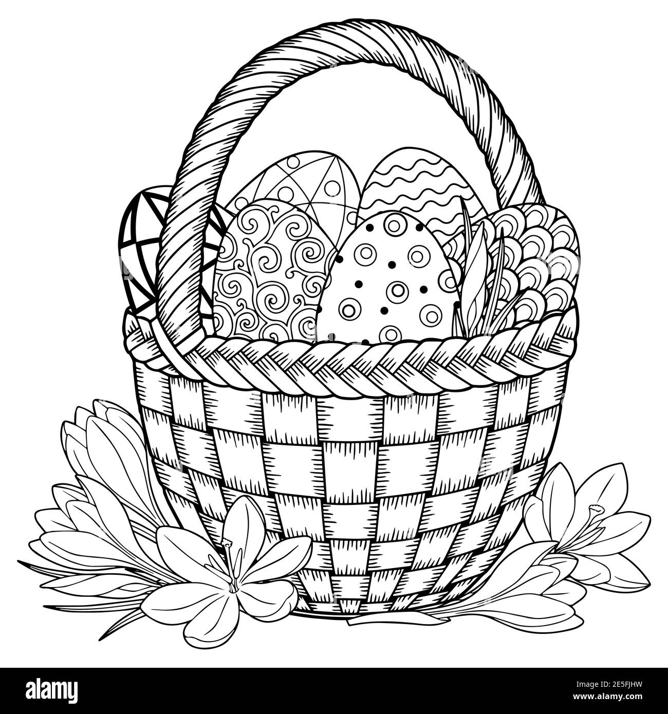 Happy Easter. Black and White Doodle Easter Eggs in the basket ...