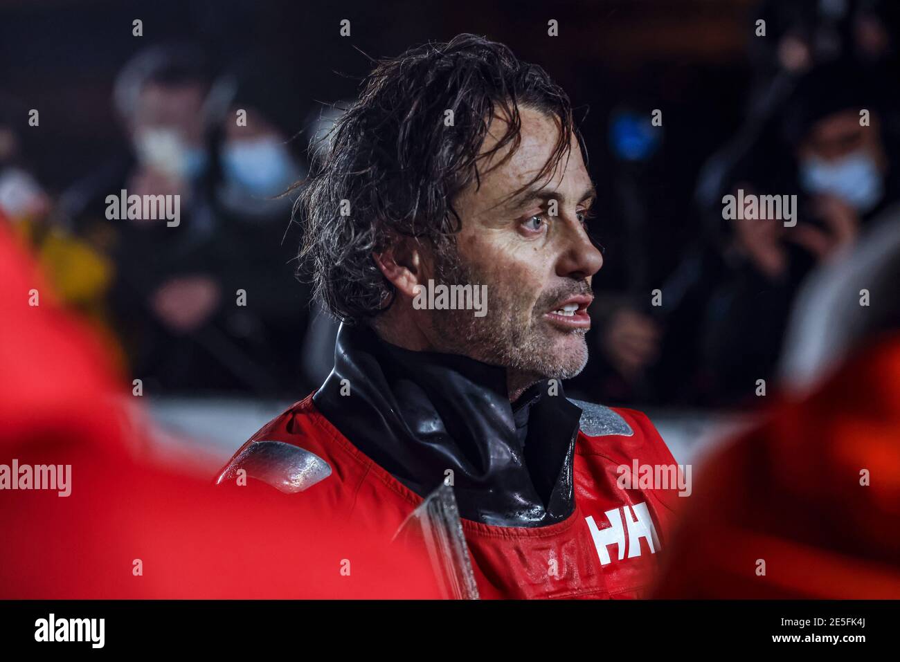 Yannick Bestaven (fra) sailing on the Imoca MaÃ®tre Coq IV during the arrival of the 2020-2021 VendÃ©e Globe 80 days, 03 heures, 44 minutes et 46 secondes, 9th edition of the solo non-stop round the world yacht race, on January 27th 2021 in Les Sables-d'Olonne, France - Photo Pierre Bouras / DPPI / LiveMedia Stock Photo