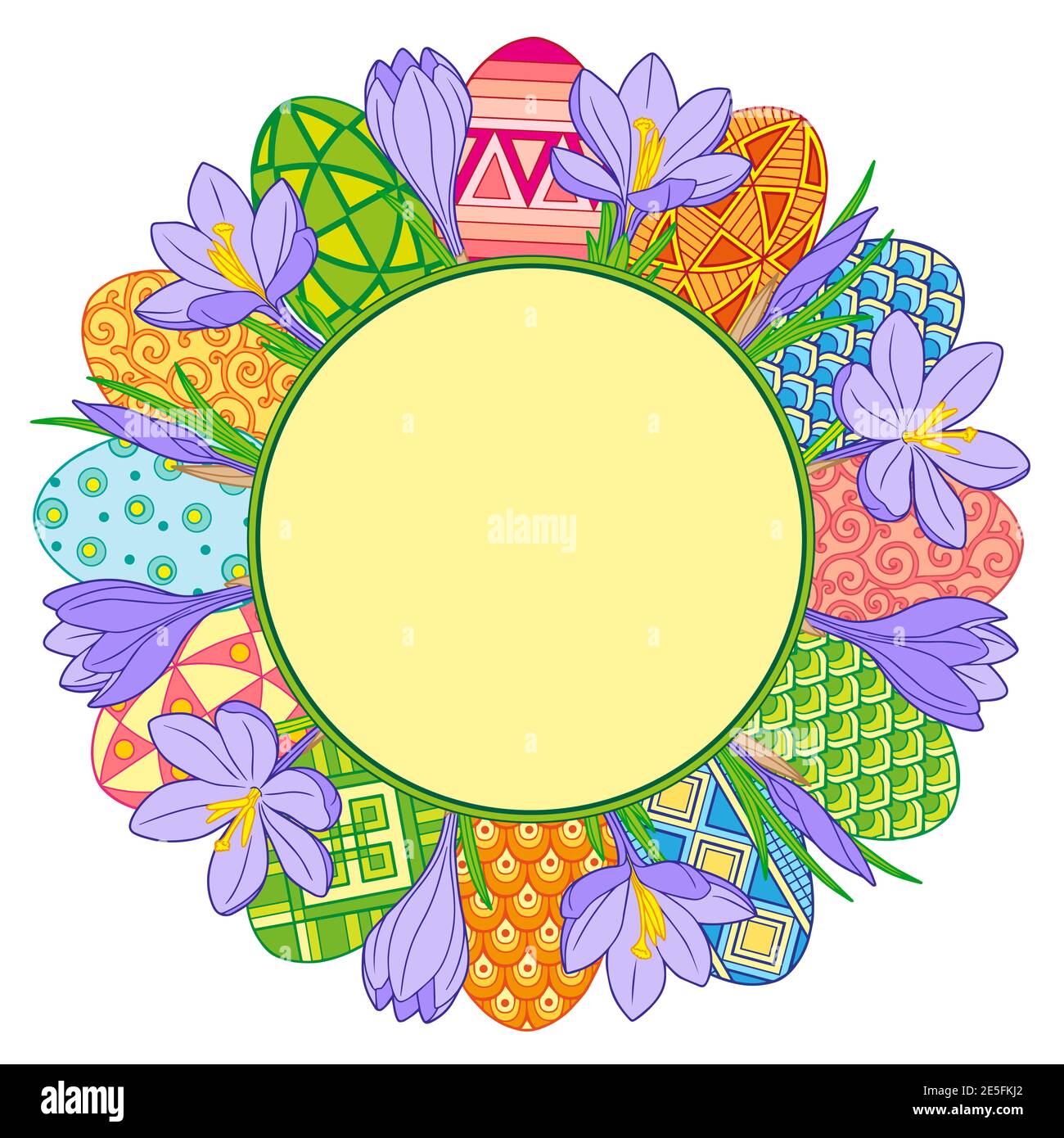 Round frame made of bright easter eggs and crocus flowers Stock Vector