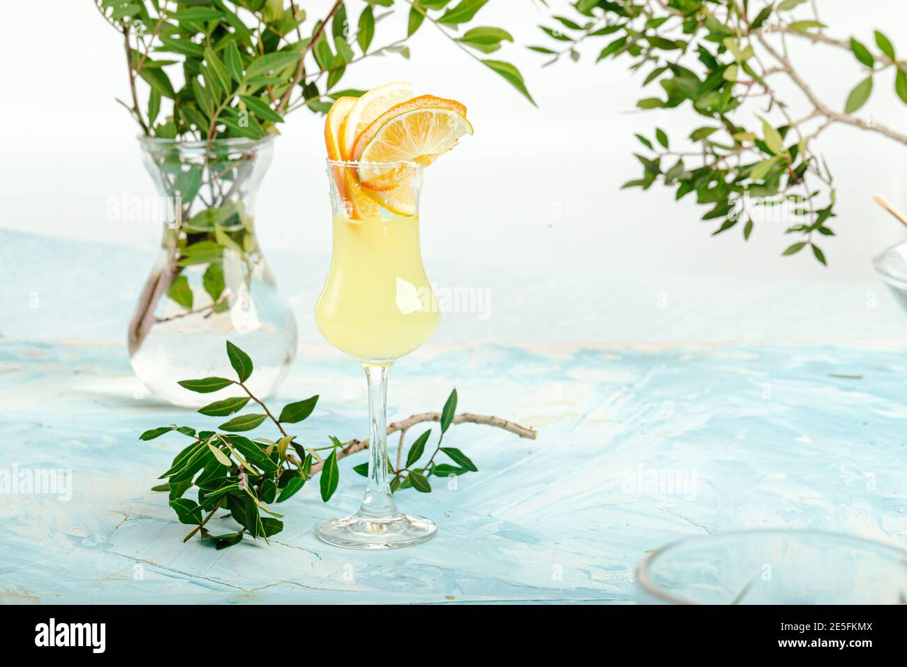 Glass of italian limoncello with citrus slices Stock Photo