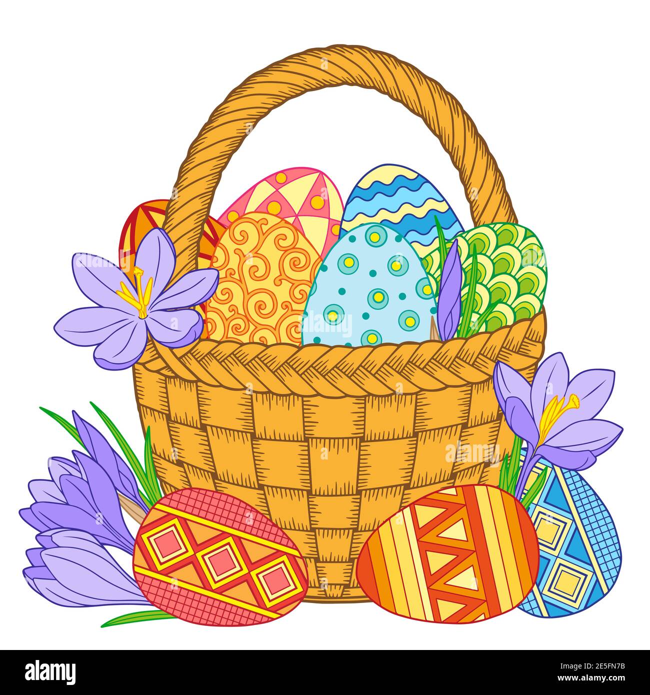 Bright easter eggs and flowers in basket on white background Stock Vector