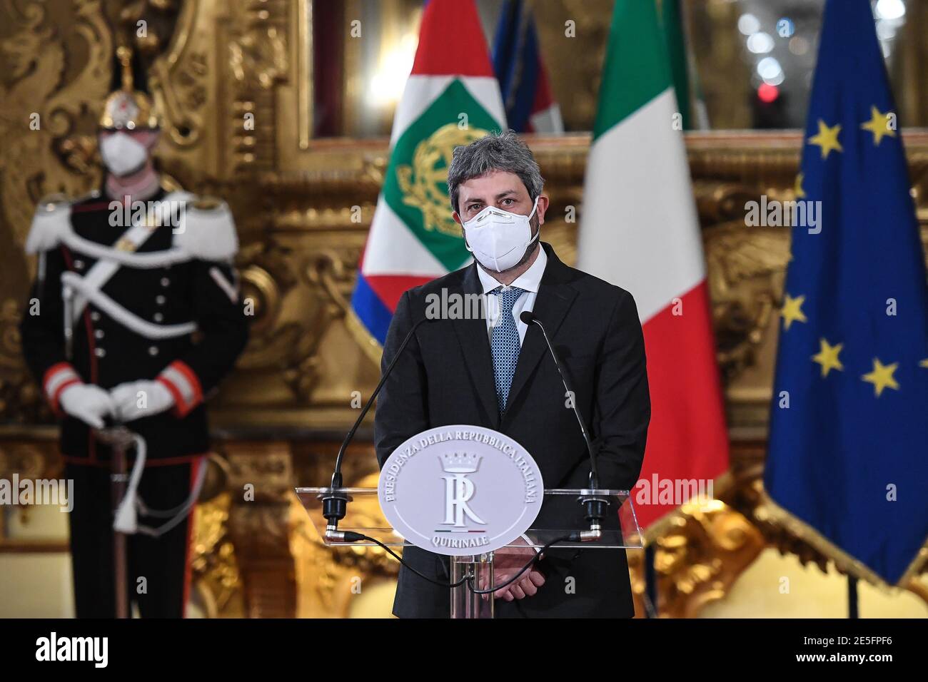 (210128) -- ROME, Jan. 28, 2021 (Xinhua) -- Roberto Fico, president of the Italian Chamber of Deputies, talks to media after consultations with Italian President Sergio Mattarella, on the formation of a new government, at the Palazzo del Quirinale, in Rome, Italy, on Jan. 27, 2021. Italy's president has begun discussions with political leaders on forming a new government following the resignation of Prime Minister Giuseppe Conte. (Pool via Xinhua) Stock Photo