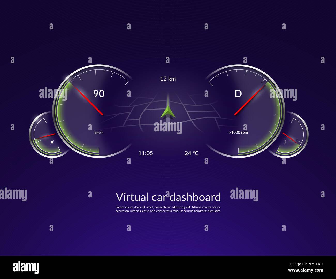 Virtual car dashboard. HUD vehicle interface. Stock Vector
