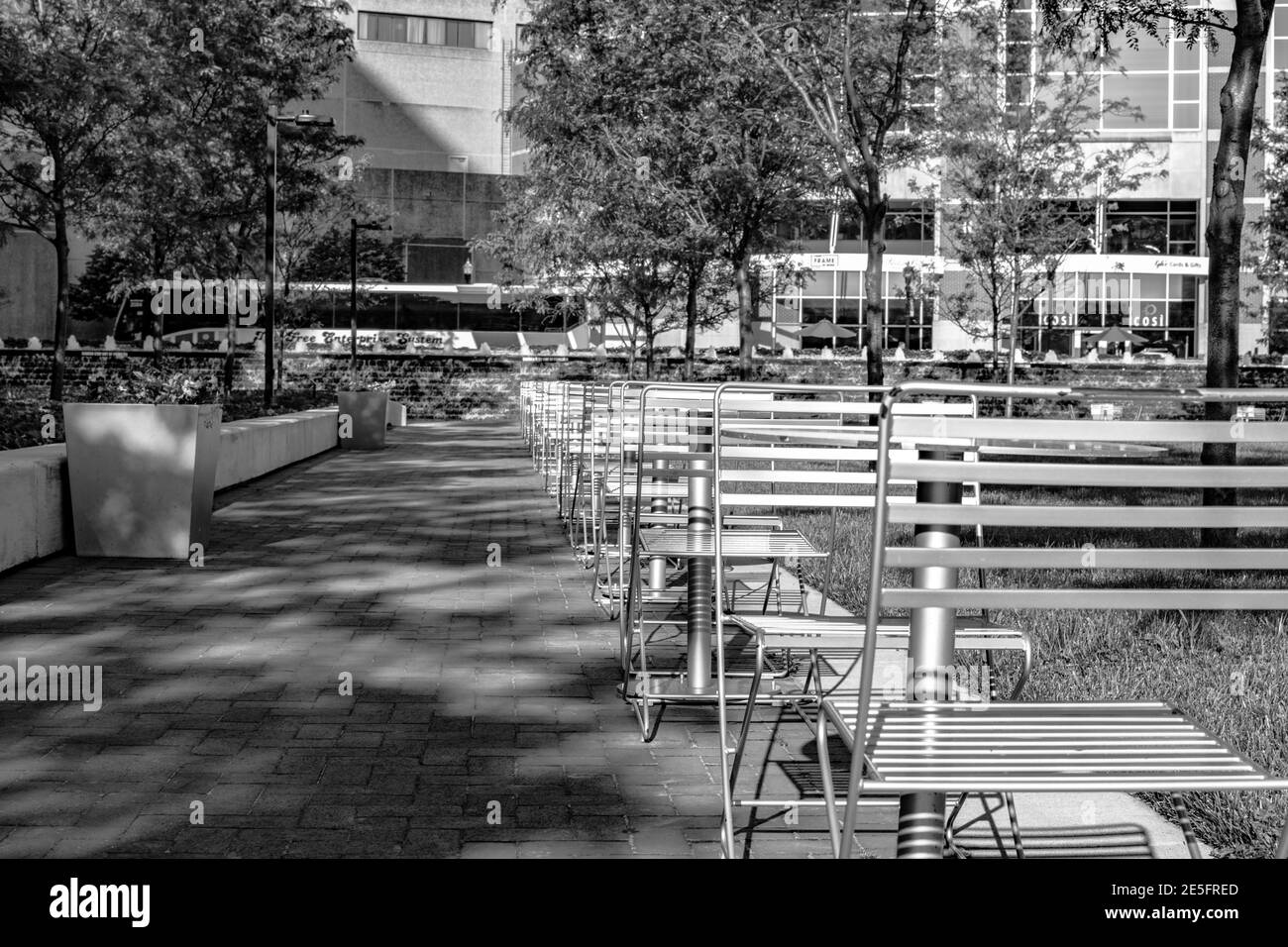 A line of cafe tables and chairs in a city park in black and white Stock Photo
