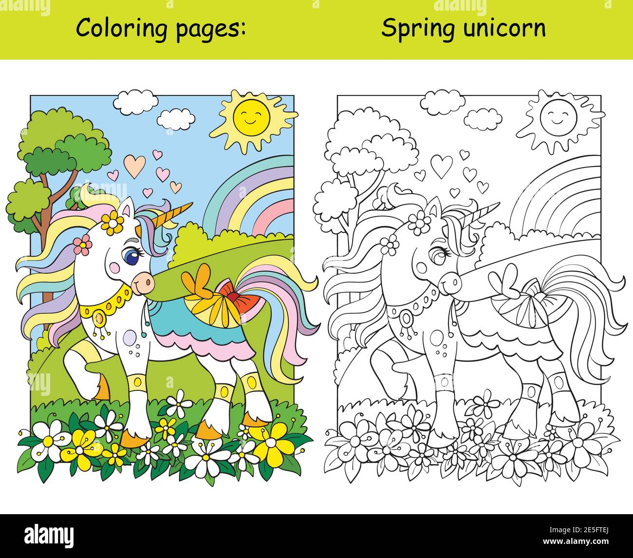 Cute unicorn walking through a spring blooming meadow. Coloring book page wih colored template. Vector cartoon illustration isolated on white. For col Stock Vector