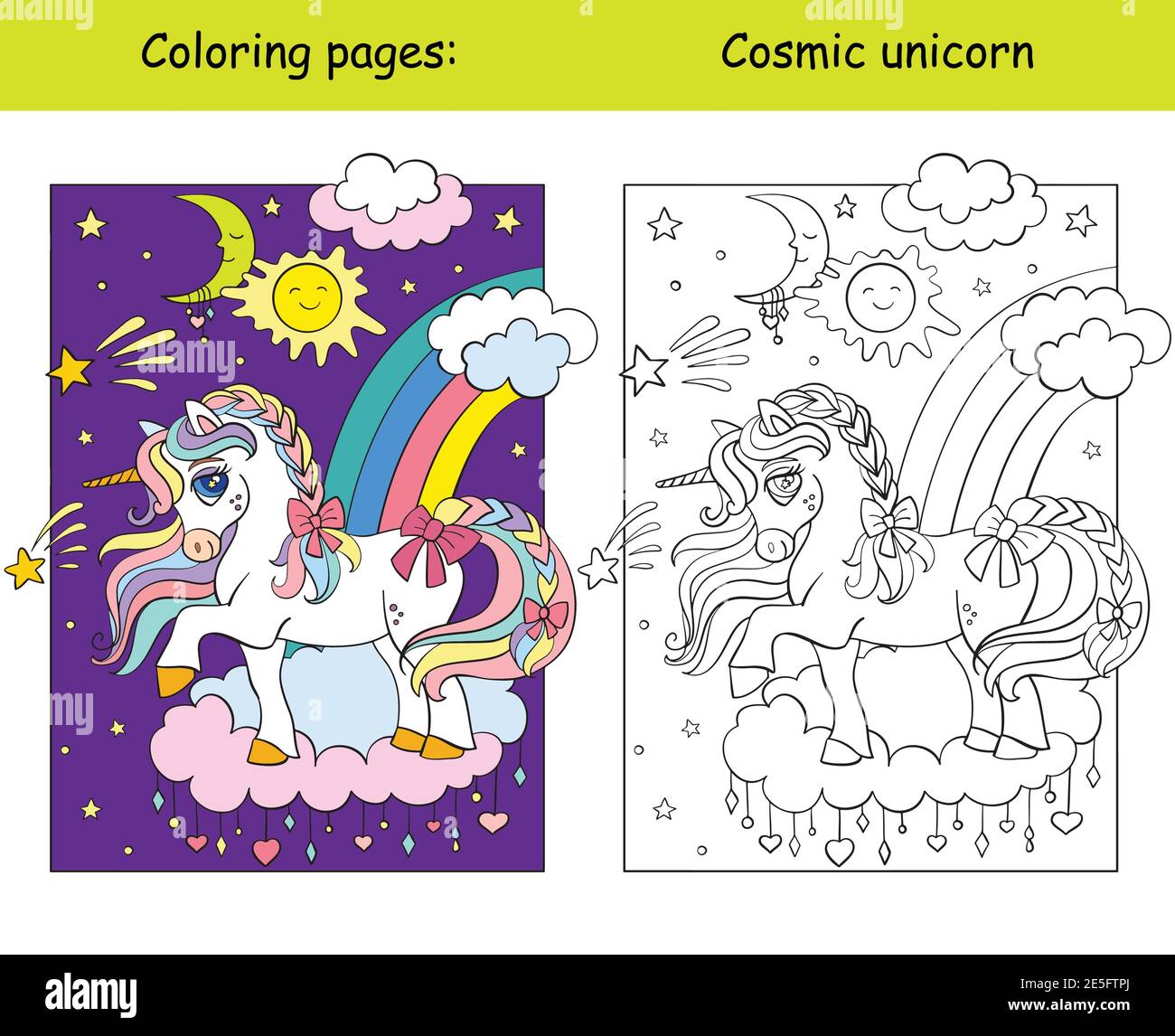 Cute magic unicorn standing on the cloud in the night sky. Coloring book  page wih colored template. Vector cartoon illustration isolated on white.  For Stock Vector Image & Art - Alamy
