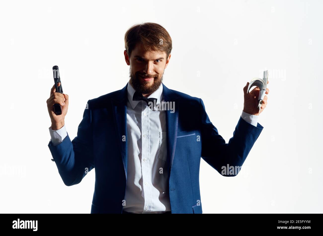 man in suit gun money gangster business light background Stock Photo ...