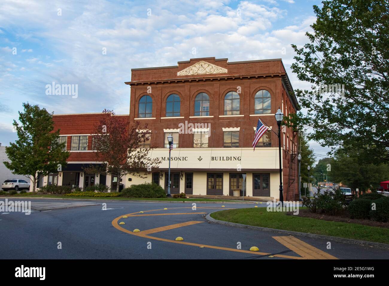 Alexander City, Alabama/USA-Oct. 6, 2020: The historic Masonic Lodge building in downtown Alexander City at the Court Square traffic circle. Stock Photo
