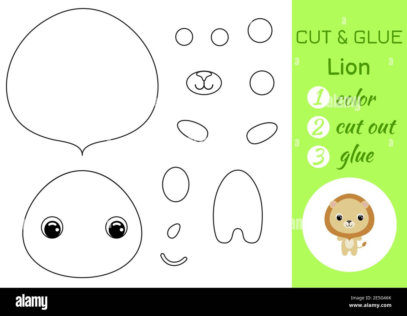 Coloring book cut and glue baby lion. Educational paper game for