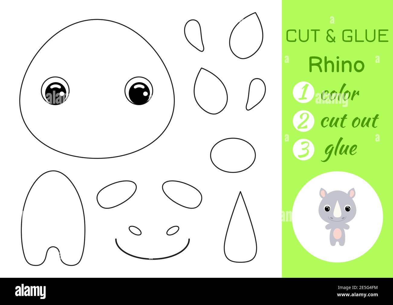 Coloring book cut and glue baby rhino. Educational paper game for preschool children. Cut and Paste Worksheet. Color, cut parts and glue on paper. Stock Vector