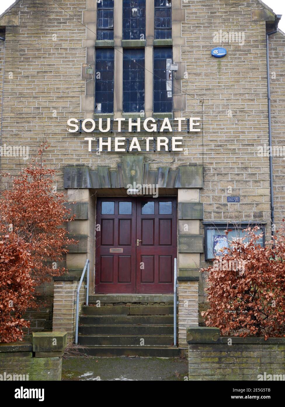 Southgate theatre stone built two story building with Southgate theatre sign in cream letters on frontage double brown doors stone steps Stock Photo