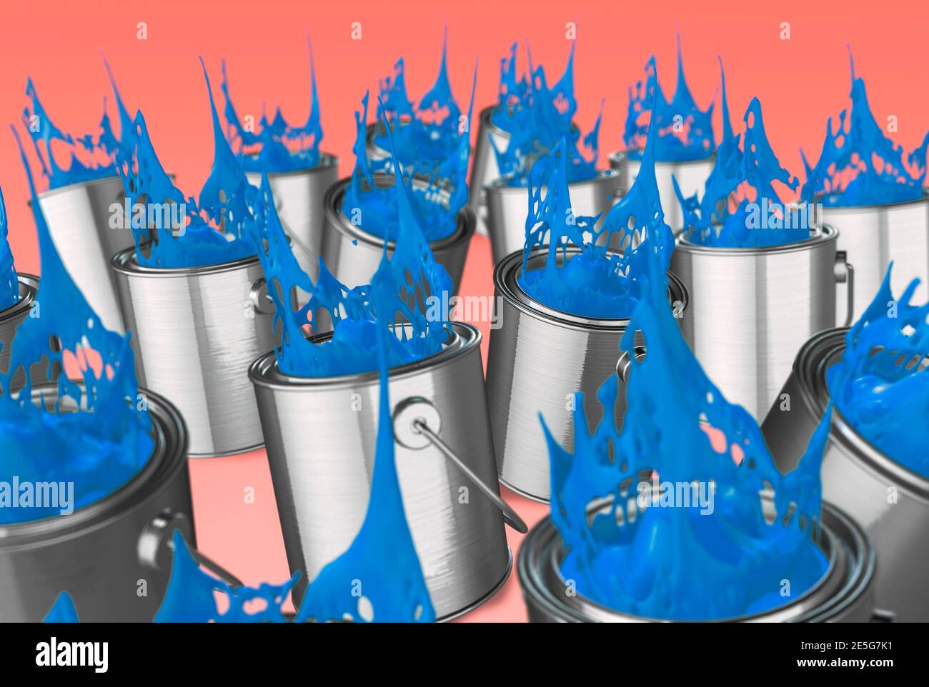 Many tins of bright blue paint spilling over on an orange back ground