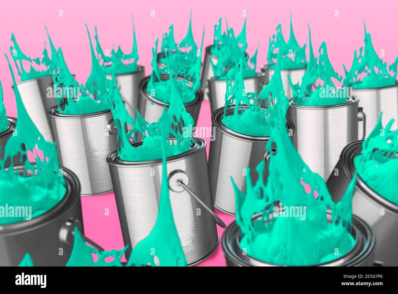 Many tins of bright green paint spilling over on an orange back ground