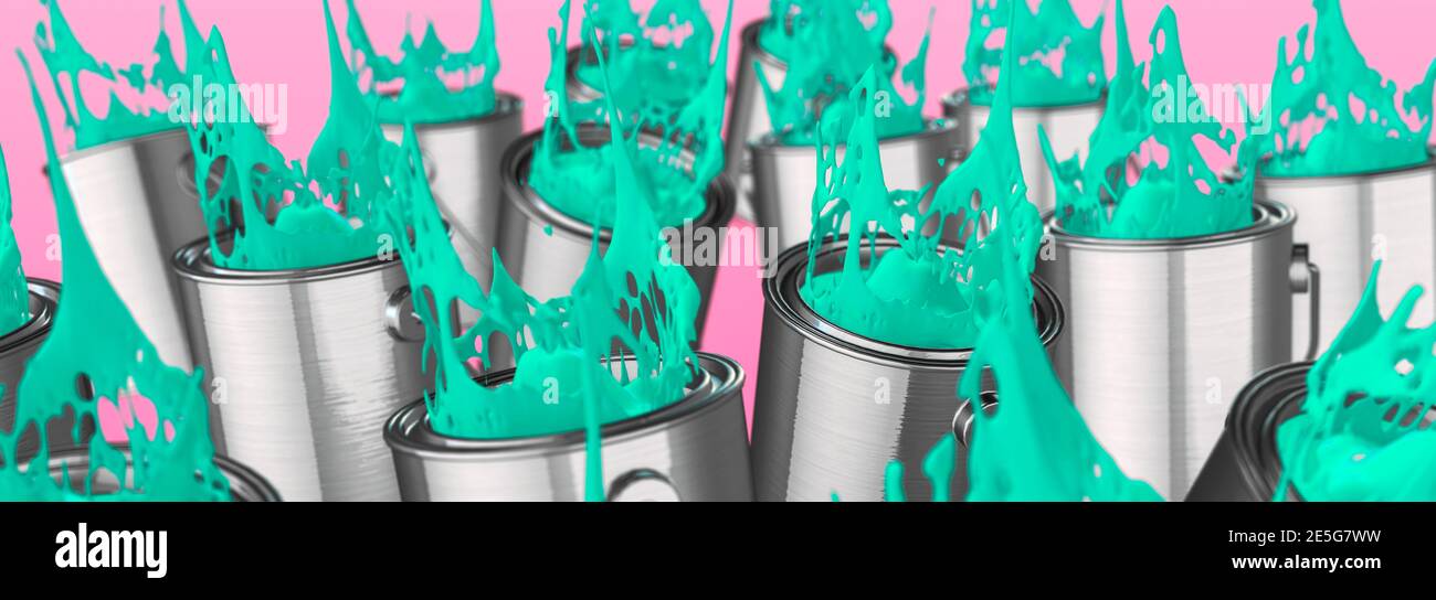 Many tins of bright green paint spilling over on an orange back ground 3d render Stock Photo