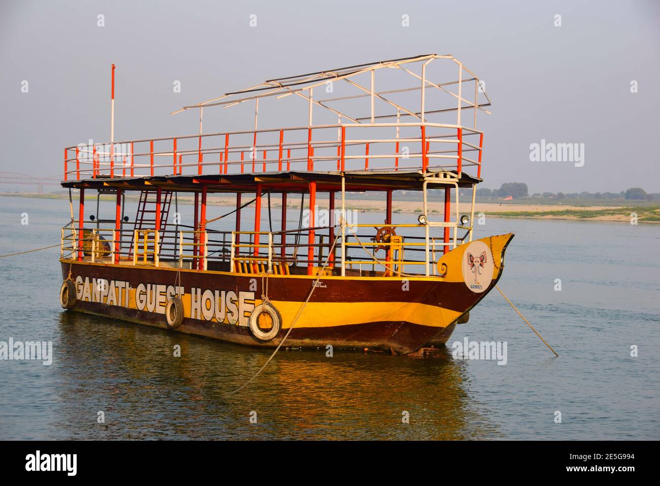Boats, Ganpati Guest House, Ganges River, Varanasi, India Stock Photo
