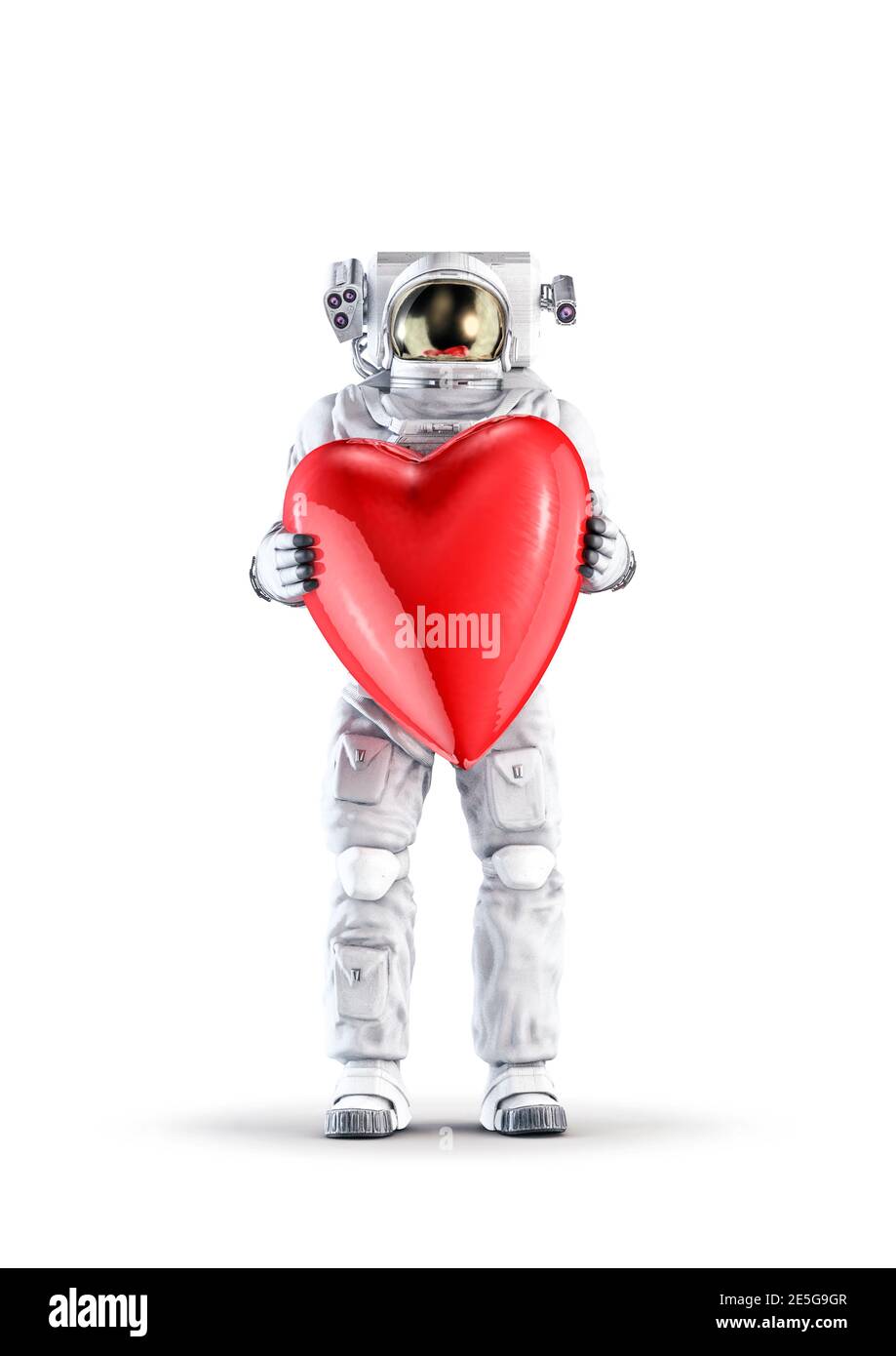 Astronaut with Valentine heart / 3D illustration of space suit wearing male figure holding large red Valentine's Day heart isolated on white studio ba Stock Photo