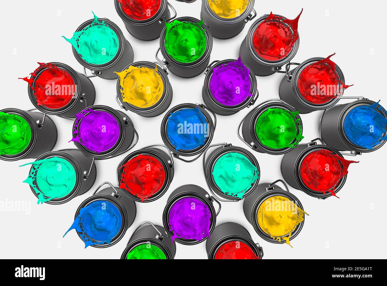 Multiple bright and vibrant paint colours on a white floor 3d render ...