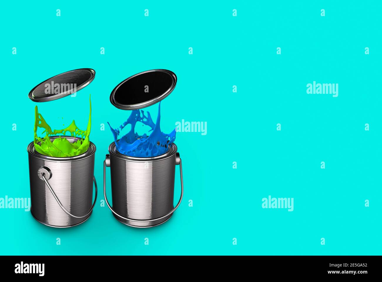 Green and blue paint tins splashing with open lids on a aqua back