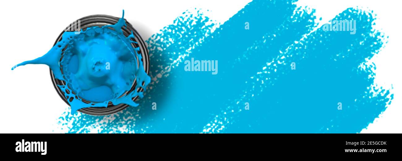 Looking straight down onto a vibrant tin of blue paint splashing over