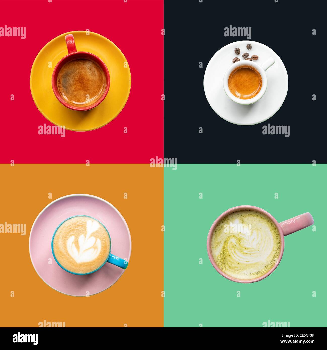 Bakery and coffees different kinds of coffee products with white