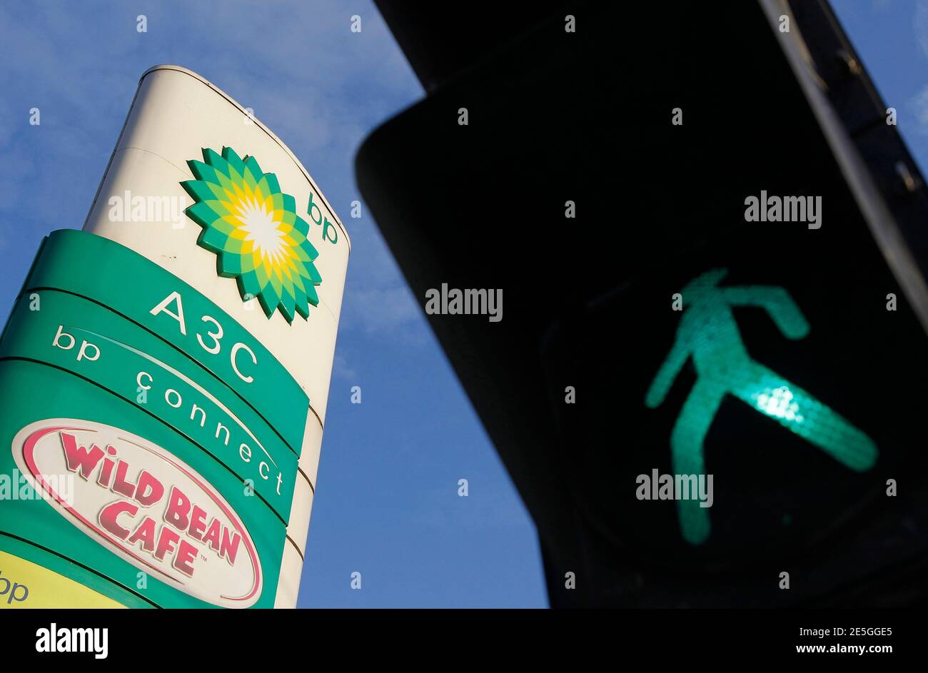 Traffic lights are seen near a BP petrol station in Moscow June 1, 2012. A Russian state firm has offered to buy BP Plc's half share in its Siberian joint venture, a source said on Friday, in what would amount to a stunning reversal for the British firm and a bold assertion of Kremlin control over the oil sector.  REUTERS/Denis Sinyakov  (RUSSIA - Tags: BUSINESS ENERGY) Stock Photo