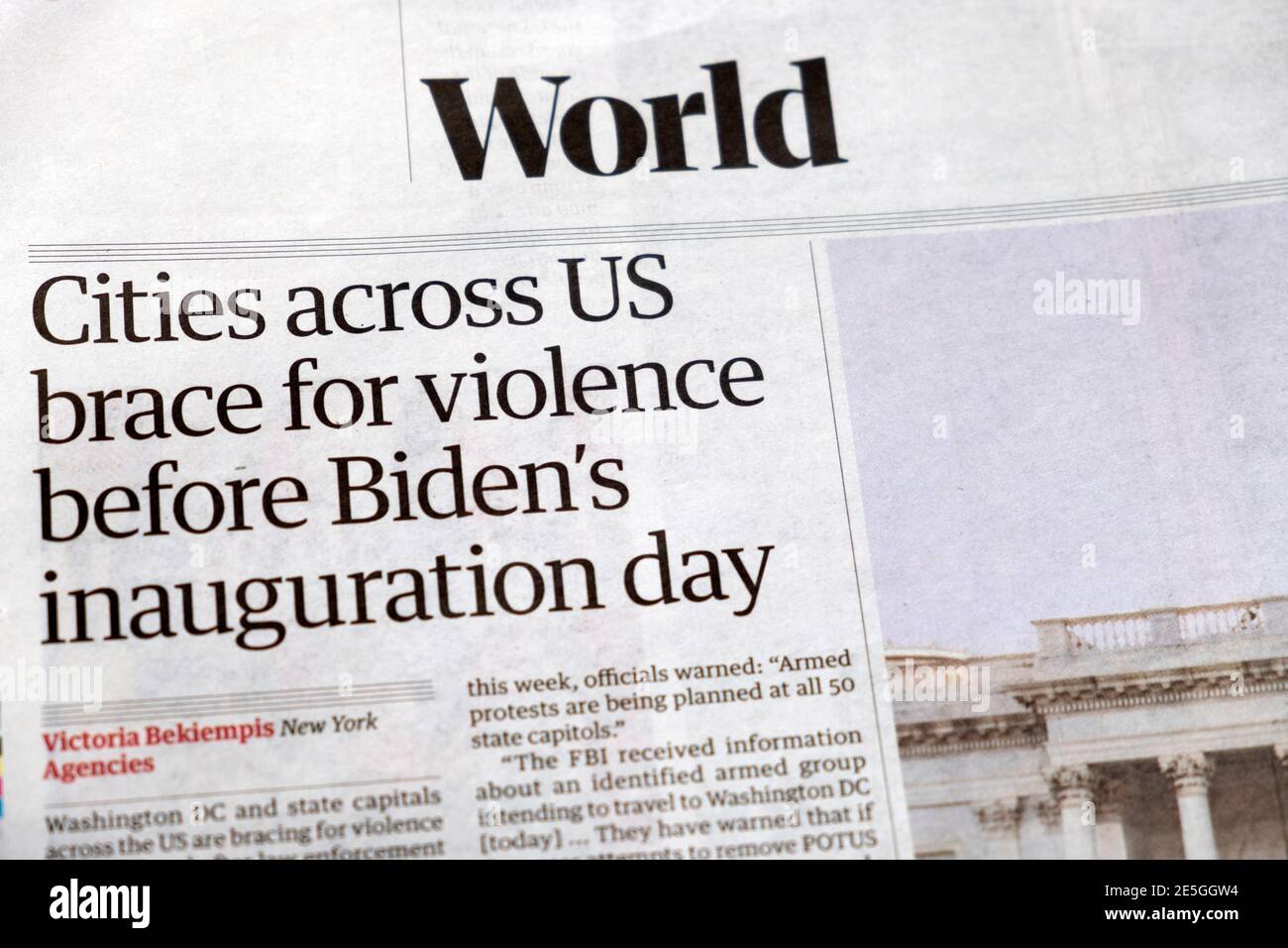 'Cities across US brace for violence before Biden's inauguration day' Guardian America news headline newspaper article inside page on 16 January 2021 Stock Photo