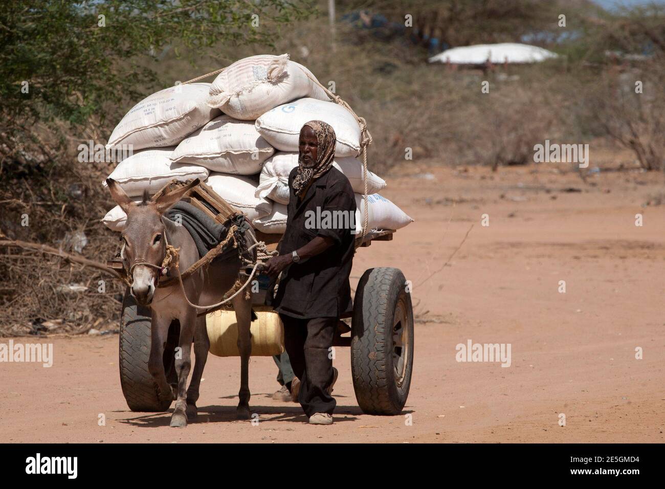 A man carries sacks of food on a cart in Dagahale, one of the several refugee settlements in Dadaab, Garissa County, northeastern Kenya, October 7, 2013.  REUTERS/Siegfried Modola  (KENYA - Tags: SOCIETY POLITICS IMMIGRATION) Stock Photo