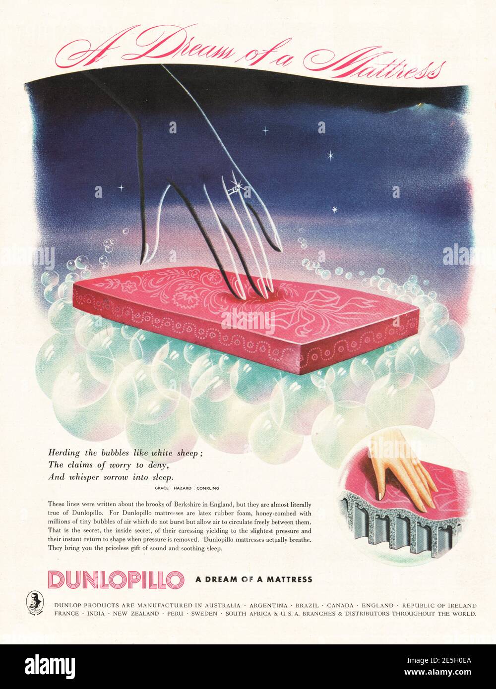 1950 U.S. Magazine Dunlopillo Mattress Advert Stock Photo