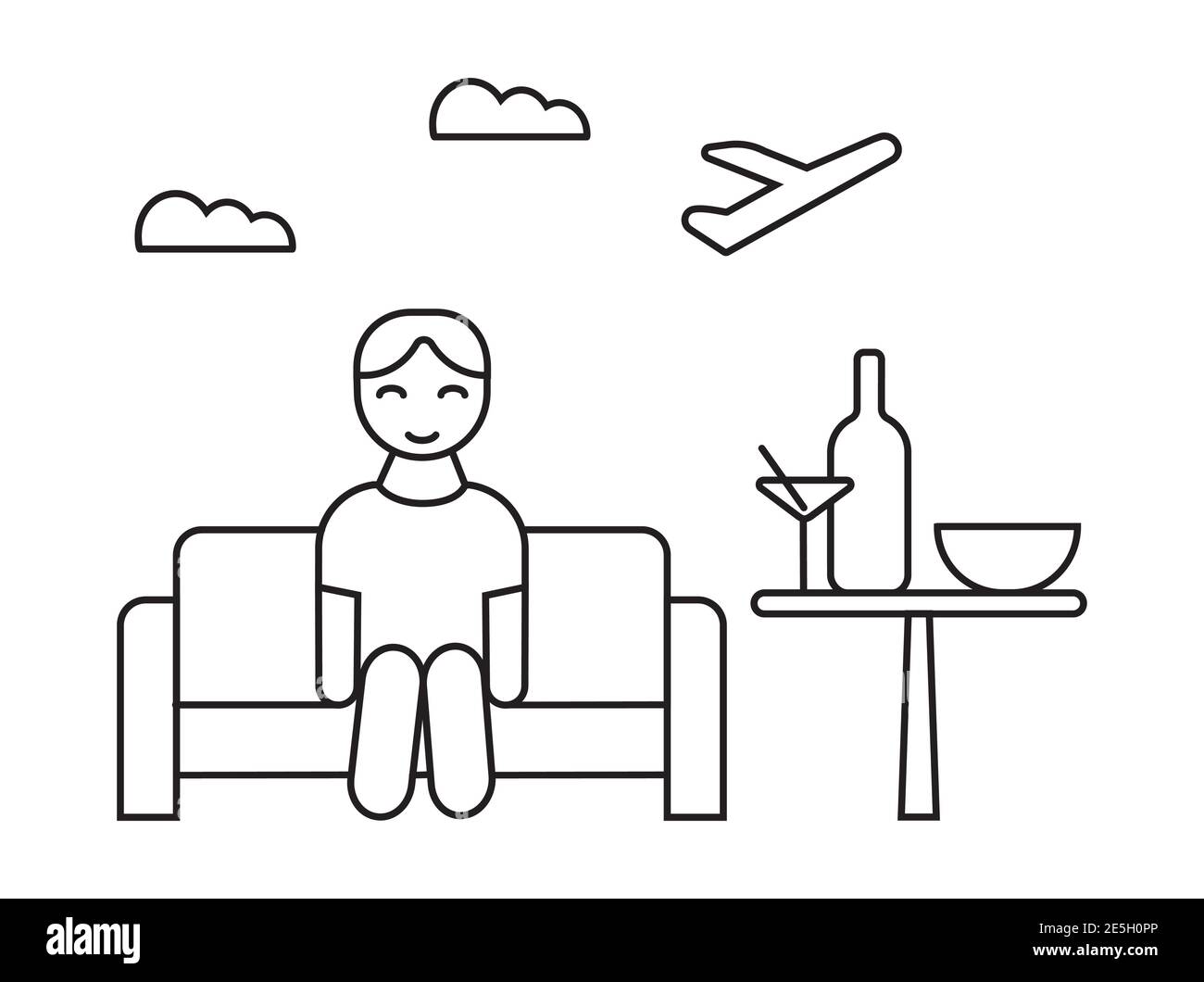 Lounge area icon vector. Tourist sitting on the sofa and waiting check in. Bottle, cocktail, bowl are on the table. Airline departure is shown. Stock Vector