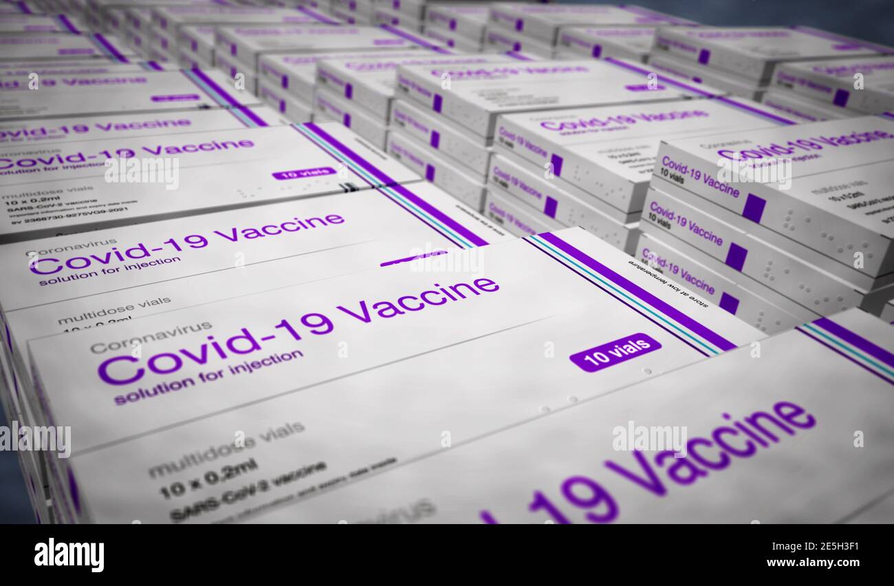 Covid-19 vaccine pack production. Coronavirus sars-cov-2 vaccination preparation, packaging and shipping. A box for syringes with doses. Abstract conc Stock Photo