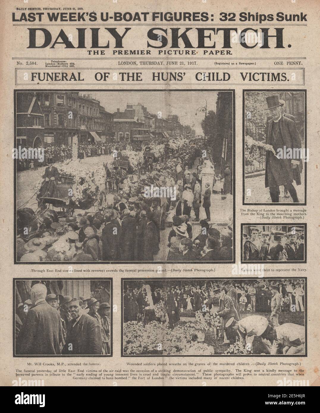 1917 Daily Sketch Funeral of Gotha Raid Victims Stock Photo