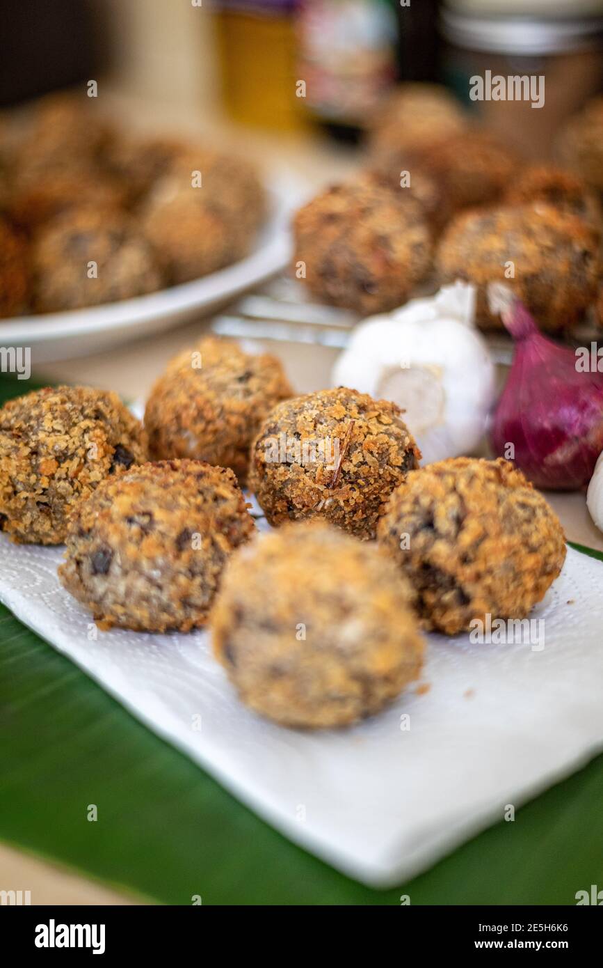 Croquets made from banana tree blossom or bola bola puso sa saging Stock Photo