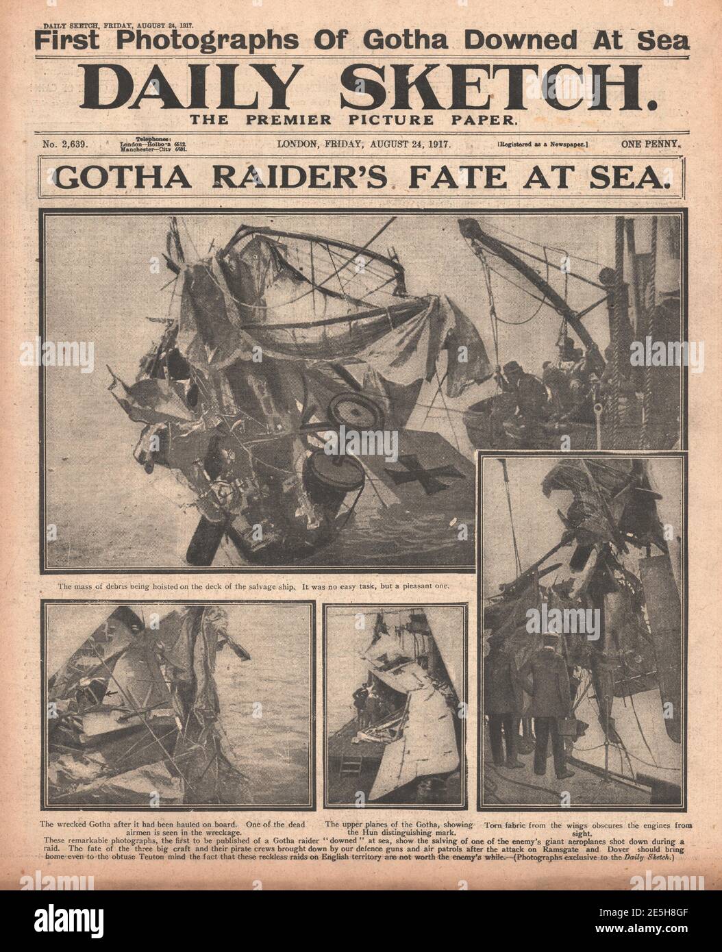 1917 Daily Sketch Gotha Raider Shot Down Stock Photo