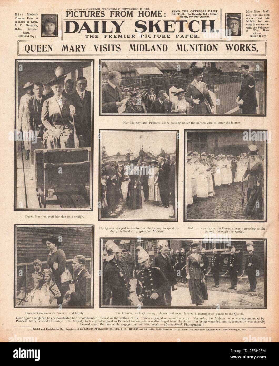 1917 Daily Sketch  Queen Mary visits Munitions Factory in Conventry Stock Photo