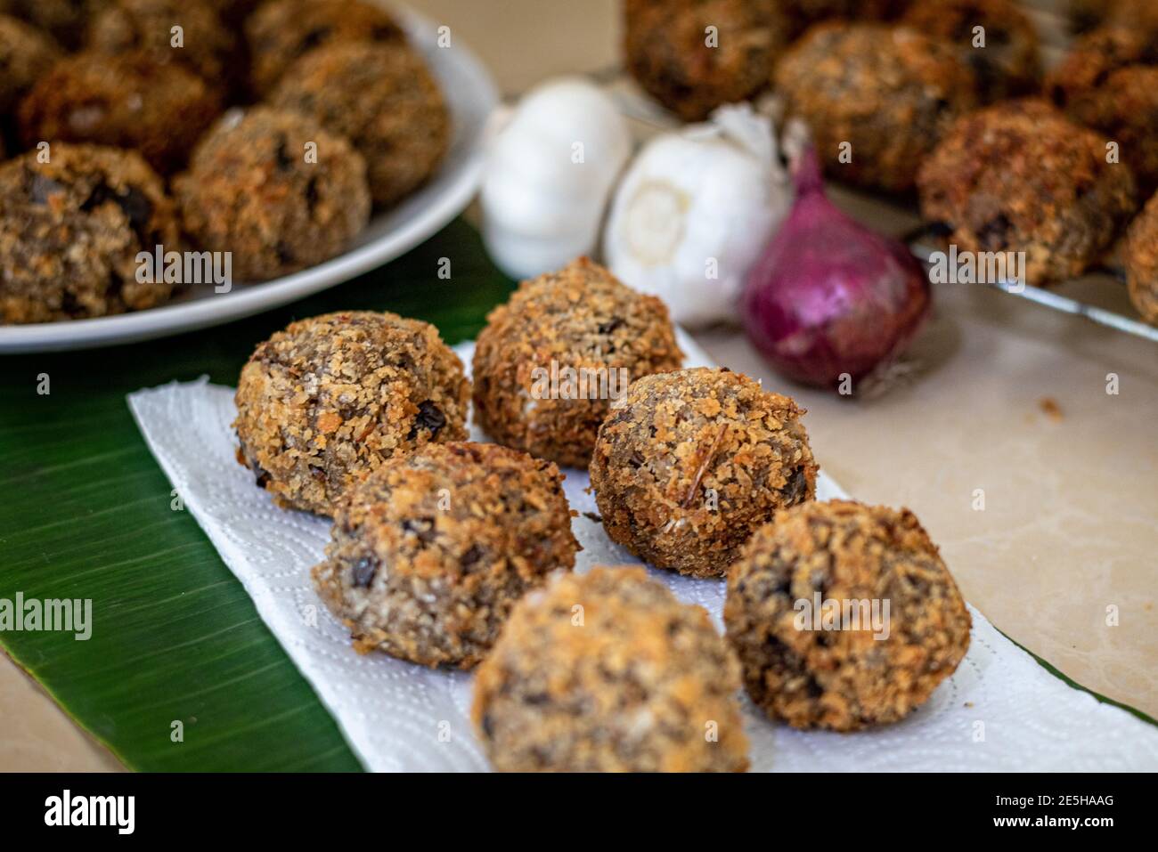 Croquets made from banana tree blossom or bola bola puso sa saging Stock Photo