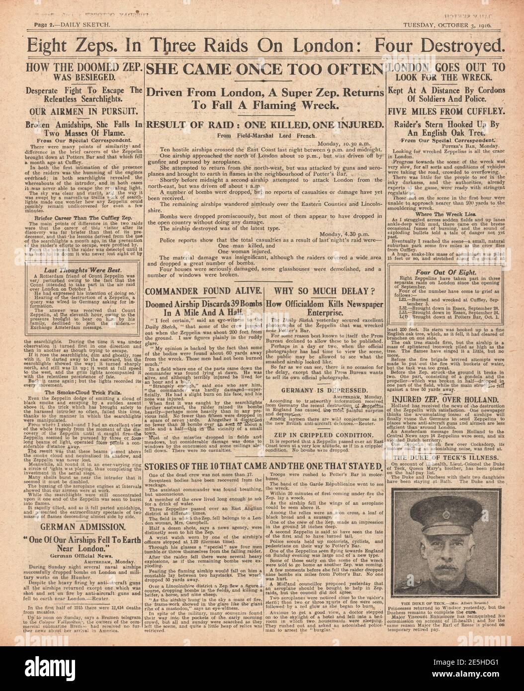 1916 Daily Sketch Zeppelin brought down over Potters Bar Stock Photo