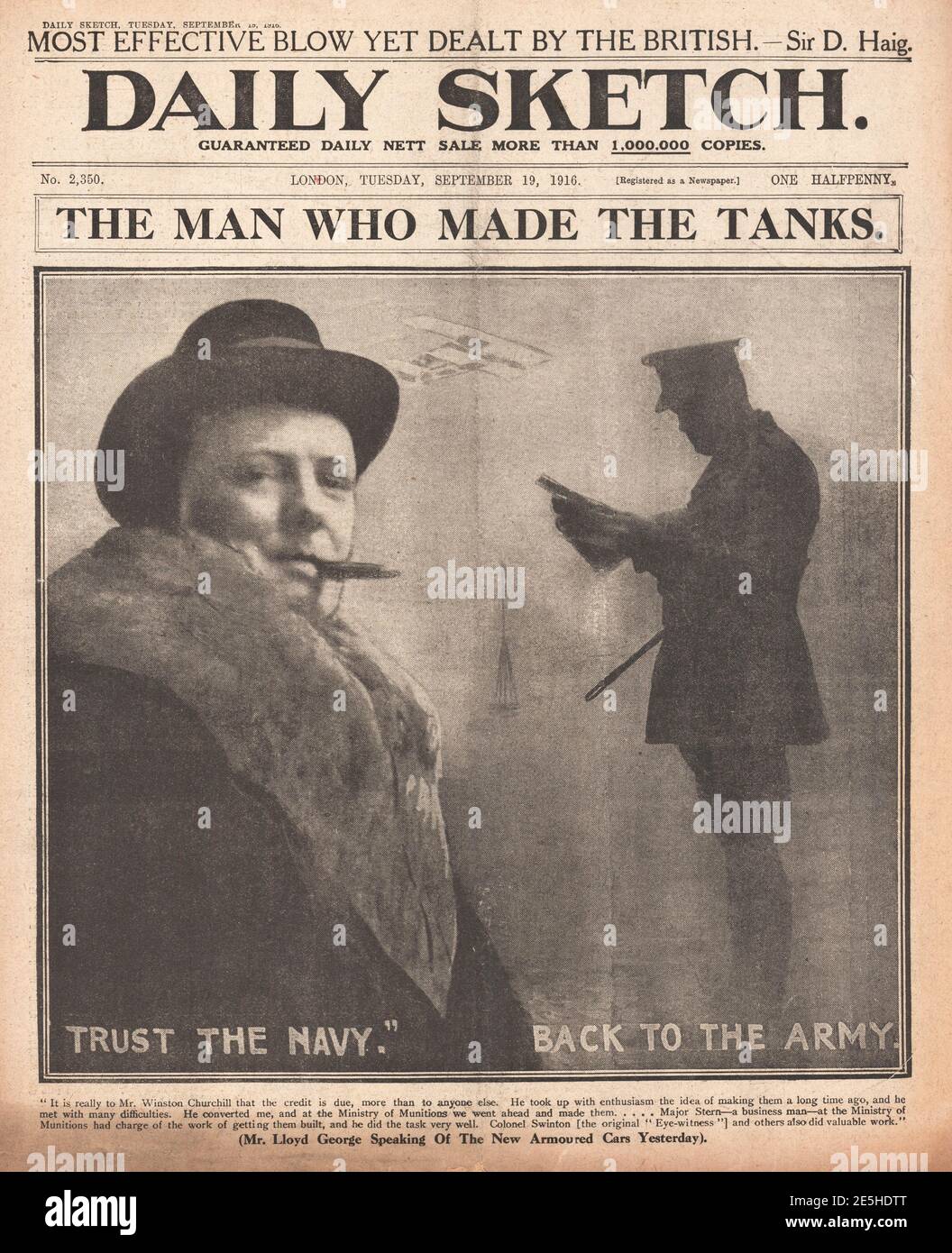 1917 Daily Sketch Winston Churchill and tank production Stock Photo
