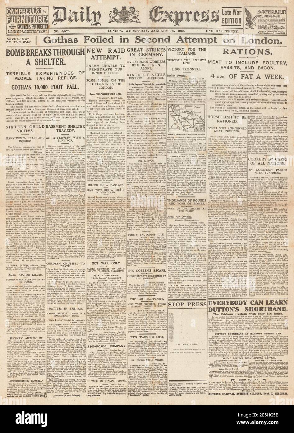 1918 Daily Express Gotha raids Stock Photo