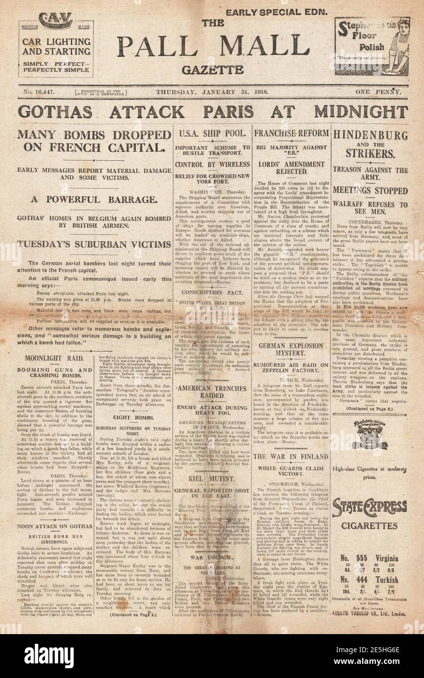 1918 Pall Mall Gazette Gotha raids on Paris Stock Photo